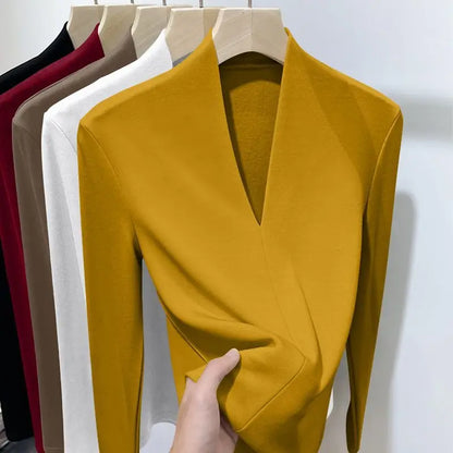 Herbst Winter Neue T-Shirts Frauen Solide V-ausschnitt Plus Samt Verdicken Warme Mode Langarm Schlank Pullover Bodenbildung Shirt Tops