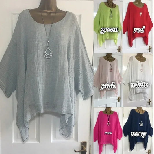 2024 Women t-shirts Plus Size 5XL T-Shirt Linen O Neck Casual Loose Shirt Summer Autumn New Solid Batwing Long Sleeve.