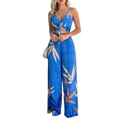 Elegant Two Piece Outfits For Women 2025 Sexy V-Neck Strap Backless Lace-up Slim Crop Top & Wide Leg Pants Sets Summer Lady Suit