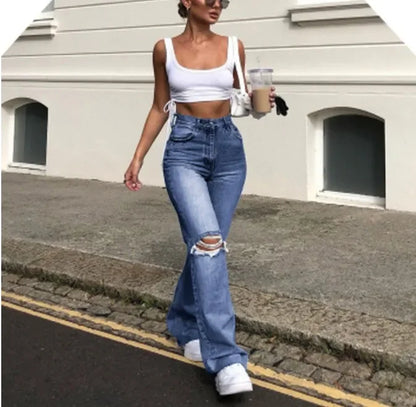 Hole Flare Pants Jean Women Fit Vintage Pockets High Waist Zipper Button Basics Denims Wide Leg Trousers 2025 Casual Jeans.