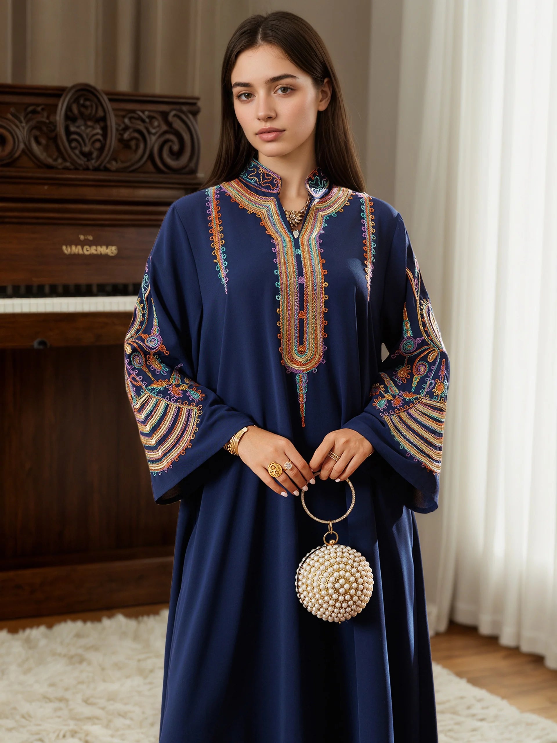 New Dubai Luxury Navy Blue Muslim Abaya Colorful Intricate Embroidery on Neckline Sleeves for Middle Eastern Weddings End Iftar.