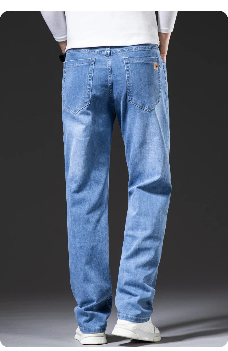 Große Größe 40, 42, 44, 46, lockere, gerade Jeans für Herren, Herbst, neue Business-Casual-Stretchhose, klassische blaue Denim-Hose für Herren