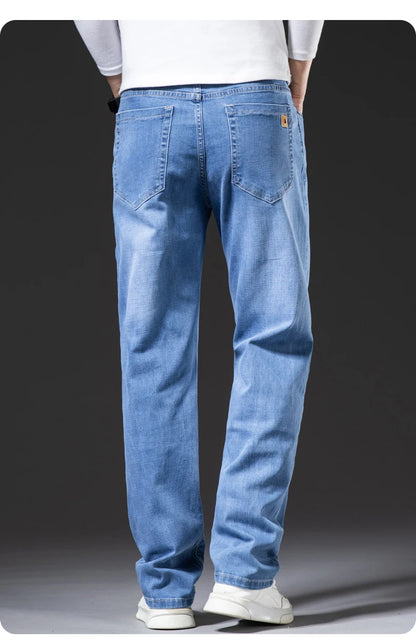 Große Größe 40, 42, 44, 46, lockere, gerade Jeans für Herren, Herbst, neue Business-Casual-Stretchhose, klassische blaue Denim-Hose für Herren