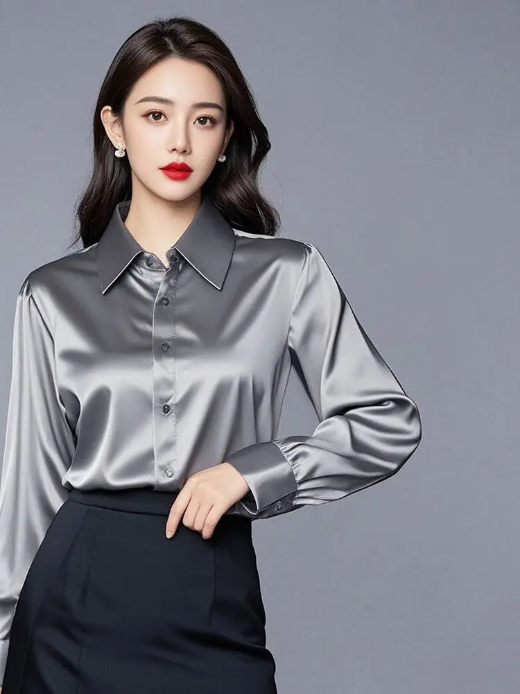 Elegant Silk Office Shirts Women Korean Fashion Y2k Clothes Slim Long Sleeve White Black Blusas Mujer Workwear Tops and Blouses
