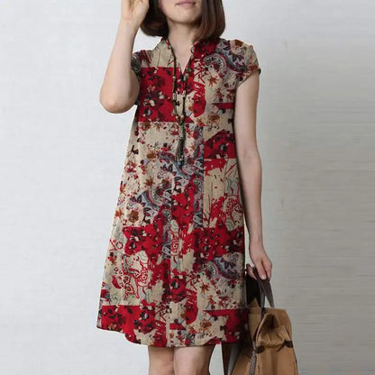 Zanzea Vintage Sommerkleid Sommer knielanges Kleid Frauen Kurzarm lässig Urlaub Kleider Bohemian Blumen gedruckt Vestidos Robe
