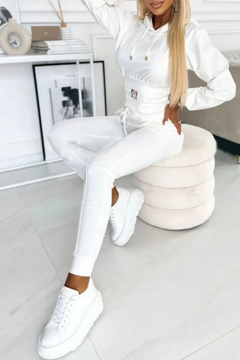 Casual Solid Color Hooded Slim Long-sleeved Top And Wide-sleeved Pants Suit Women 2025 Spring Top Lace-up Pants Suit For Women.