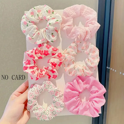 6pcs/set women's sweet pink peach blossom check large intestine hair ring,fashionable and versatile hair accessory.