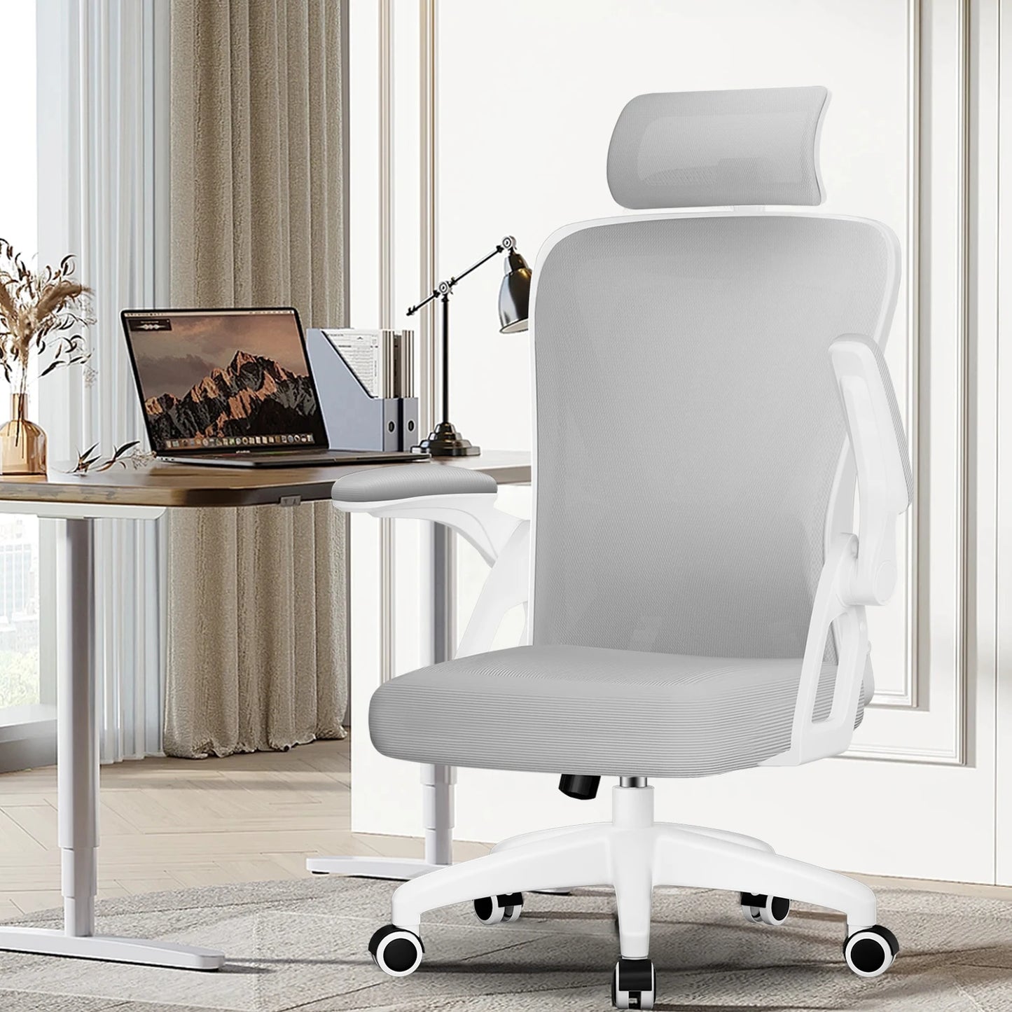 AUTHMIC Ergonomischer Bürostuhl (Grau) mit verstellbarer Kopfstütze, Lordosenstütze, klappbaren Armlehnen und verstellbarer Rückenlehne, 150 kg