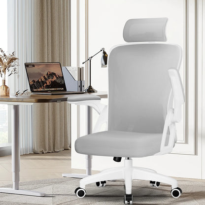 AUTHMIC Ergonomischer Bürostuhl (Grau) mit verstellbarer Kopfstütze, Lordosenstütze, klappbaren Armlehnen und verstellbarer Rückenlehne, 150 kg