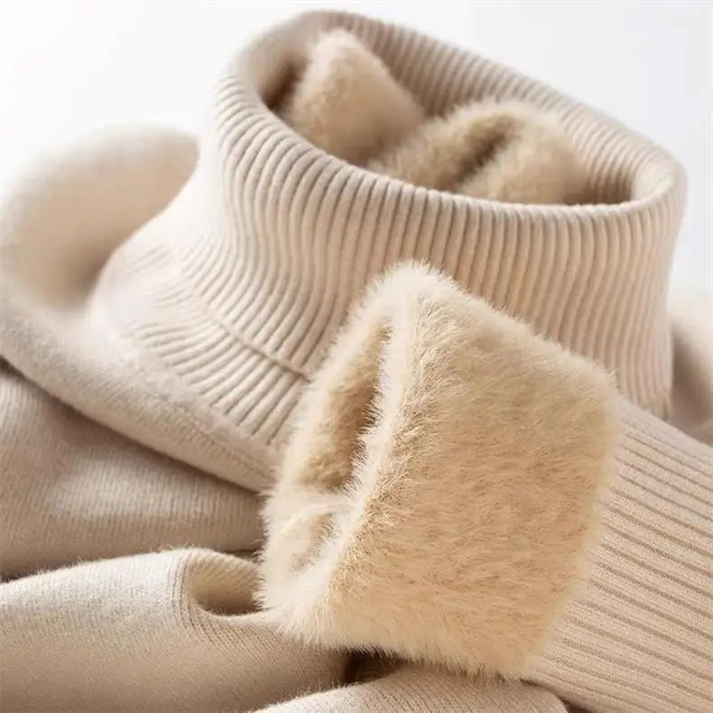 Men‘s Thermal Fleece High-neck Sweater Winter Turn-down Collar Fleece-lined Knitted Pullover Casual Keep Warm Thick Bottom Tops.