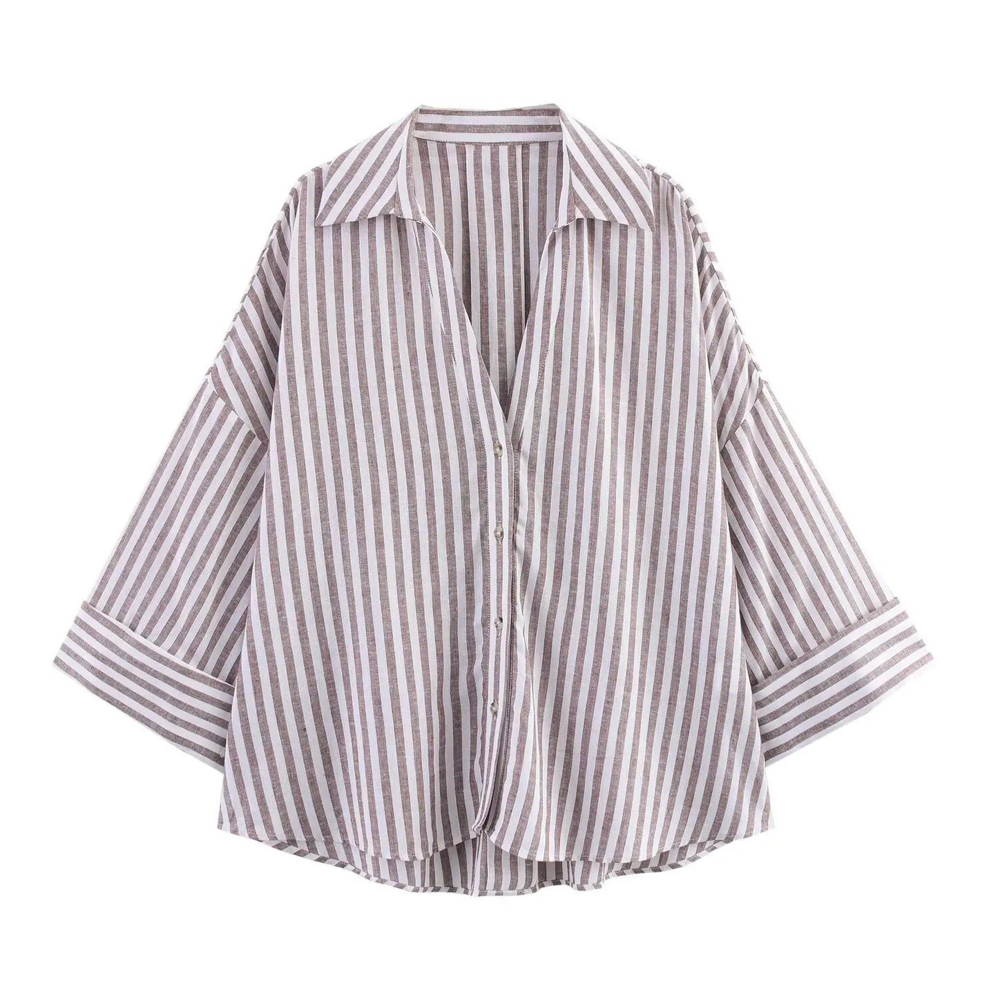 Summer Women's Curled Wide Sleeves Linen Blended Striped Asymmetric Casual Shirt Versatile Collar Linen Blended Printed Shirt.