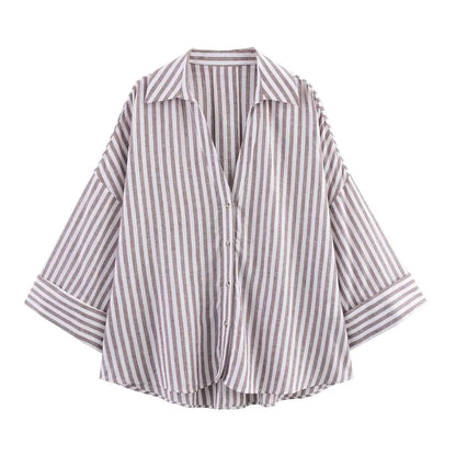 Summer Women's Curled Wide Sleeves Linen Blended Striped Asymmetric Casual Shirt Versatile Collar Linen Blended Printed Shirt.