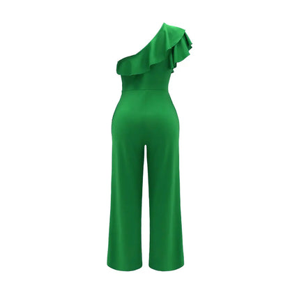 Ruffle One Shoulder Jumpsuit, Elegant Solid jumpsuit For Spring &Summer, women's Clothing.