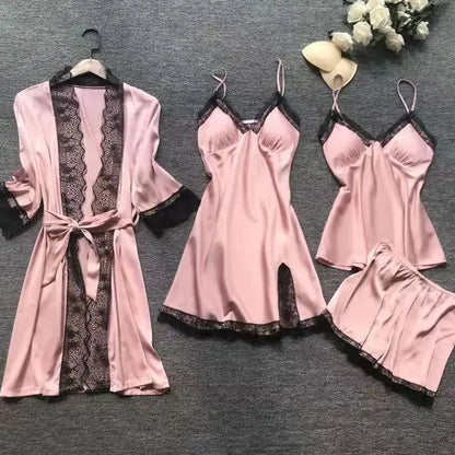 4PCS Nachtwäsche Pyjamas Set Seide Frauen Nachthemd Spitze Kleid Robe Schlaf Nachtwäsche Seide Einfarbig Pijama Sets