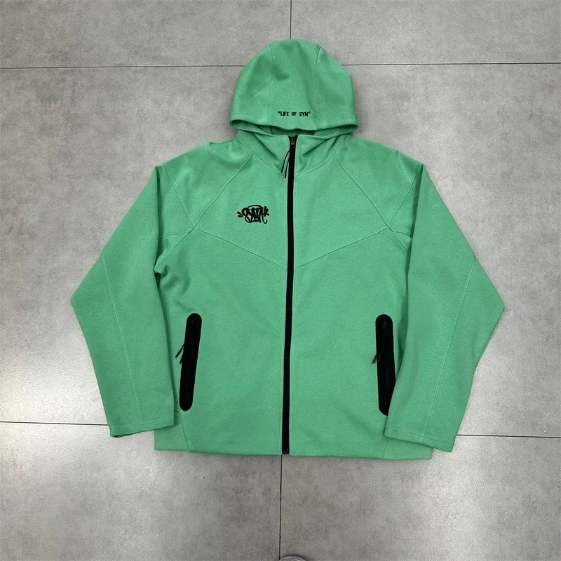 Casual Embroidered Fleece Lined Open Cardigan Hooded Zipper Pants Set for Men And Women Color Block Design by Syna