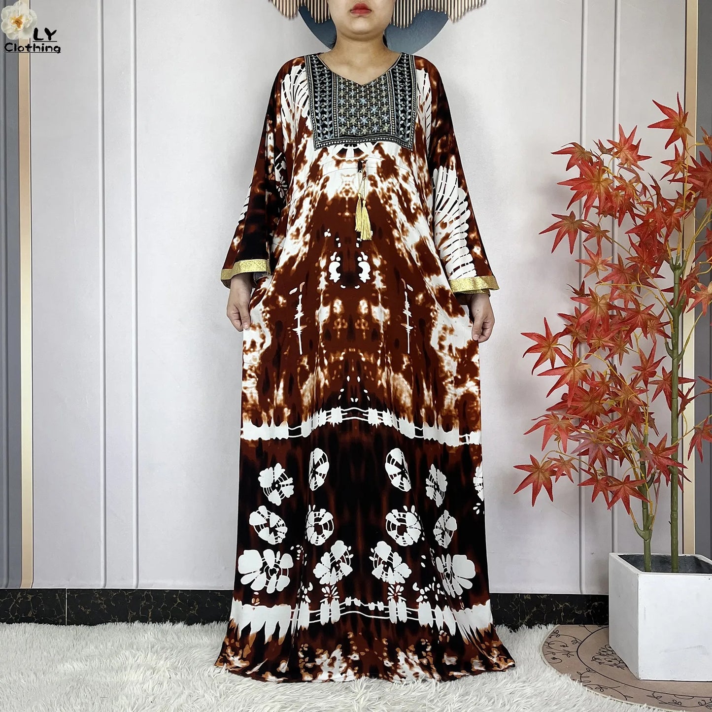 2025 New African Abaya For Women Dress Loose Batwing Sleeve Pockets High-quality Tie-dye Pure Cotton Fabric Women Islam Clothing.