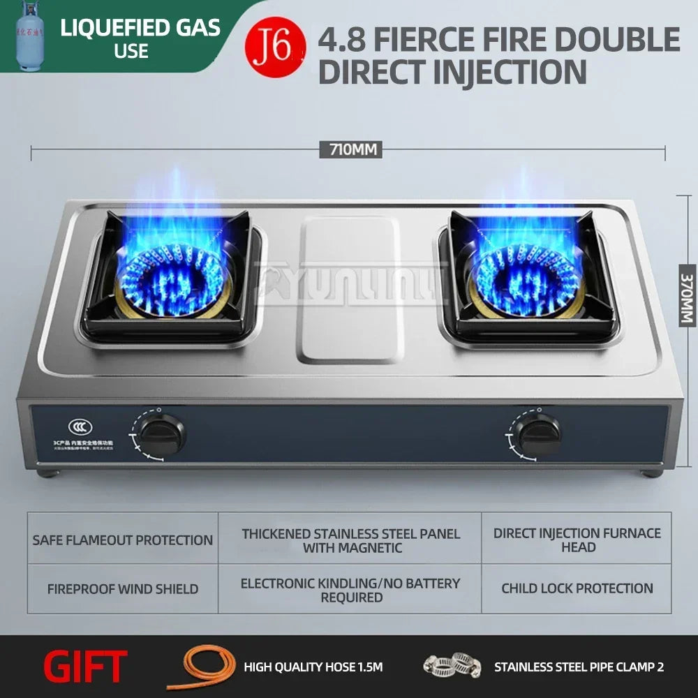Desktop Stainless Steel Double Stove Household Bench Top Strong Fire Liquefied Natural Gas Stove.