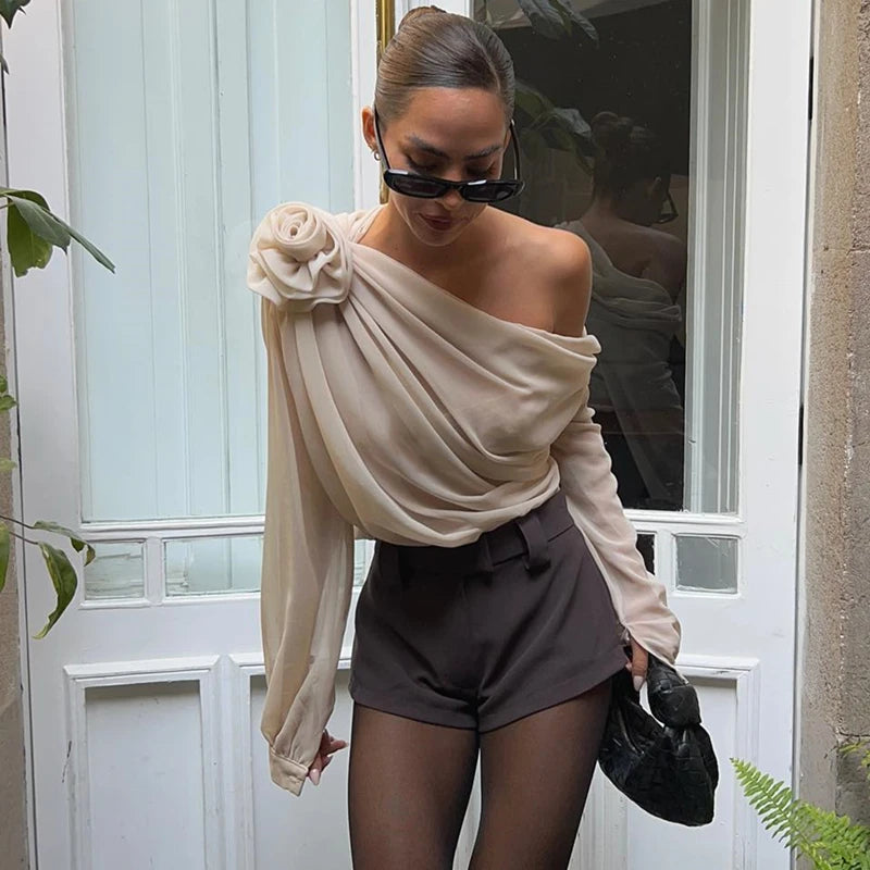 WhereMery Sexy Irregular Oblique-neck Flower Applique T Shirt Summer Off Shoulder Fashion Long Sleeve Crop Tops Street Mesh Tees