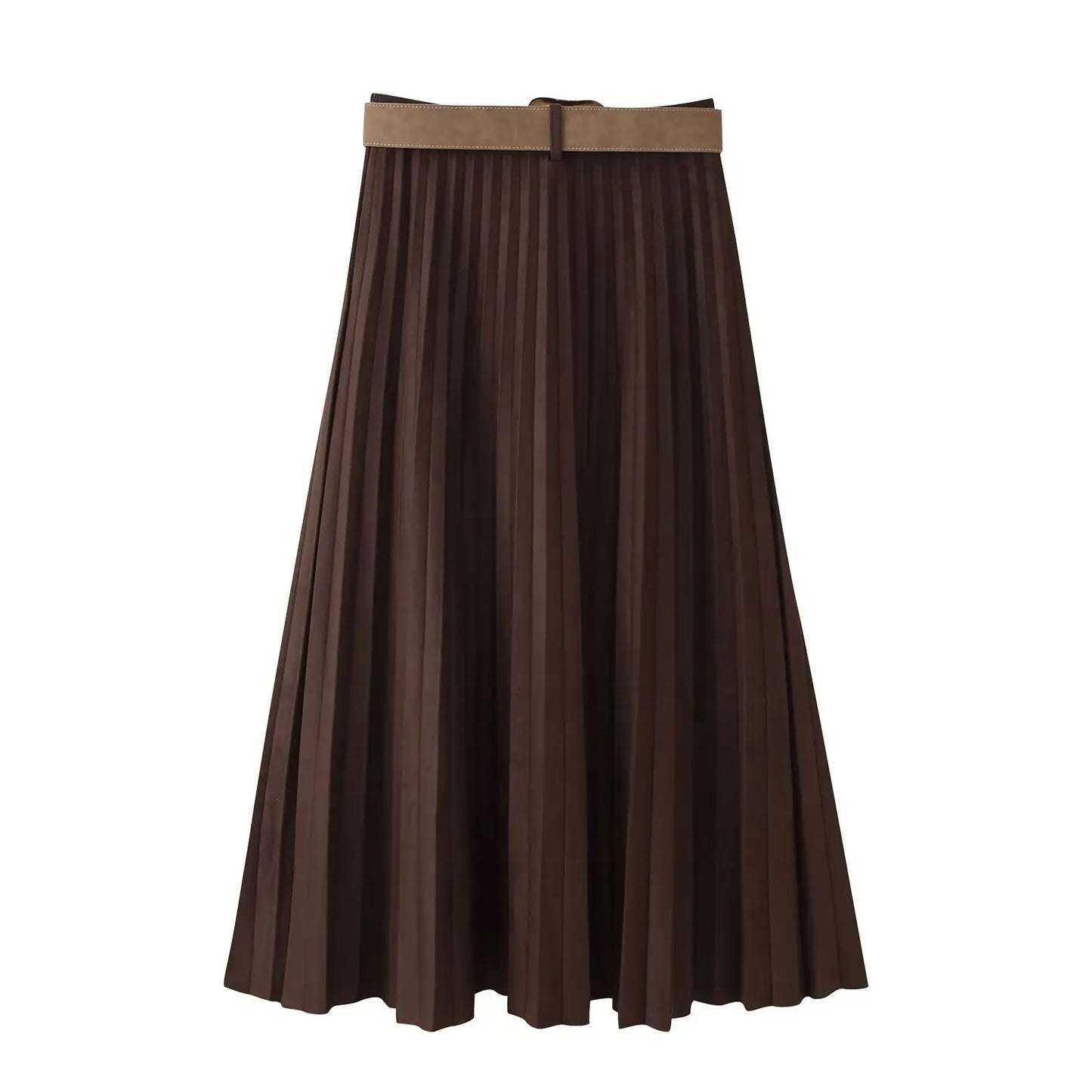 European and American style autumn new fashion trend casual simple women's matching belt suede effect pleated midi skirt.