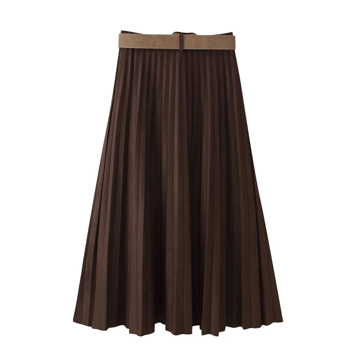 European and American style autumn new fashion trend casual simple women's matching belt suede effect pleated midi skirt.
