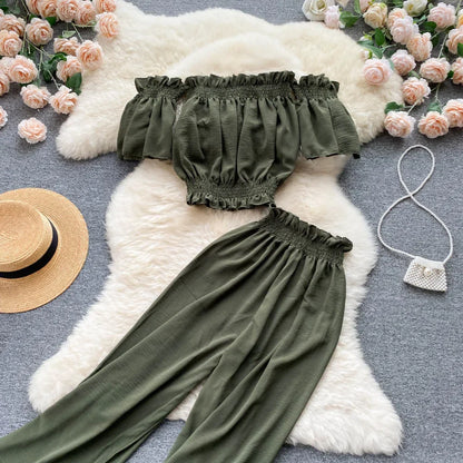 2024 Summer Green/Black/Red Two Piece Set Women Sexy Slash Neck Short Tops + High Waist Wide Leg Pants Female Suit New