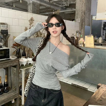 Women Sexy Off Shouder Tops 2025 Fashion New In Y2k Hot Girl Slim Long Sleeve Shirts Solid Autumn Spring Chic T-shirt Streetwear.