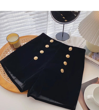 Velvet Black High Waist Slim Shorts Thicked Women's Winter New Korean Fashion Double-breasted Wide Leg Short Pants.