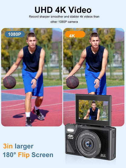 Ourlife AC600 Digital Camera 4K 64MP UHD Cameras 18X Digital Zoom 180° Flip Screen Vintage Vlogging Camera for YouTube Autofocus.