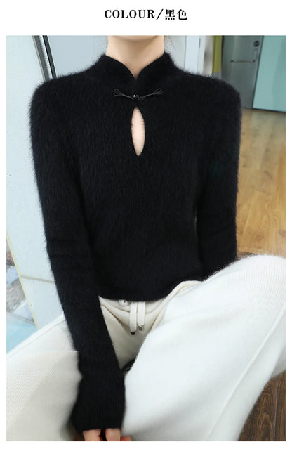 2024 autumn winter new 100% mink cashmere sweater women's pullover slim-fit long sleeve solid color stand collar bottom knitwear