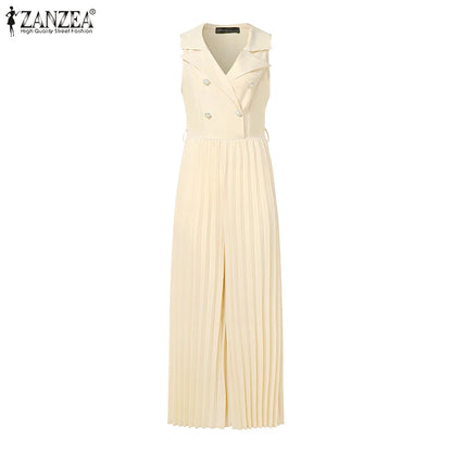 Fashion Women Jumpsuits 2025 ZANZEA Summer Rompers Elegant Wide Leg Work OL Overalls V Neck Sleeveless Pleated Playsuit Trousers.