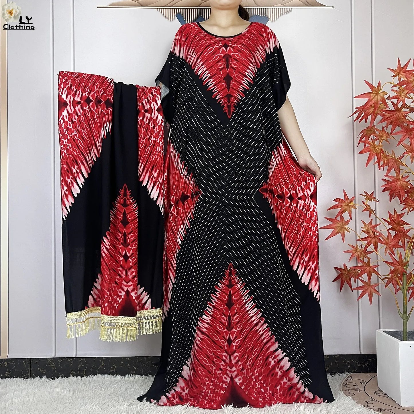 2024 New Muslim Women Dashiki Printed Dress Flower Diamonds Loose Dress With Big Scarf Islamic African Women Short Sleeve Abaya