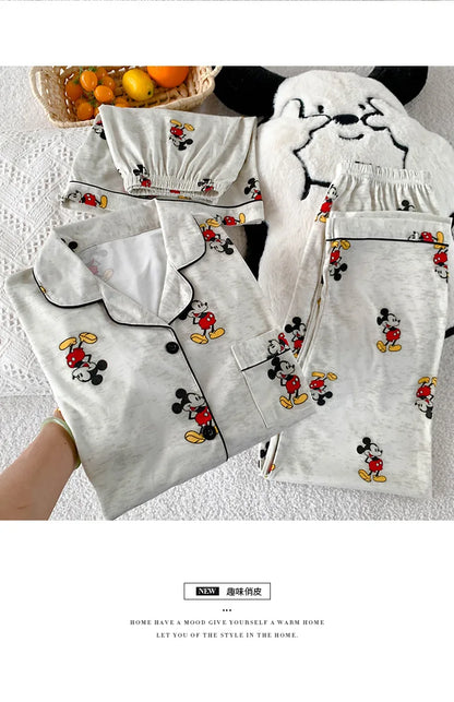 3Pcs Mickey Mouse Pajama Set Women's Summer Short-Sleeved Cute Sleepwear Autumn Student Home Clothes Three-Piece Set Nightgown.