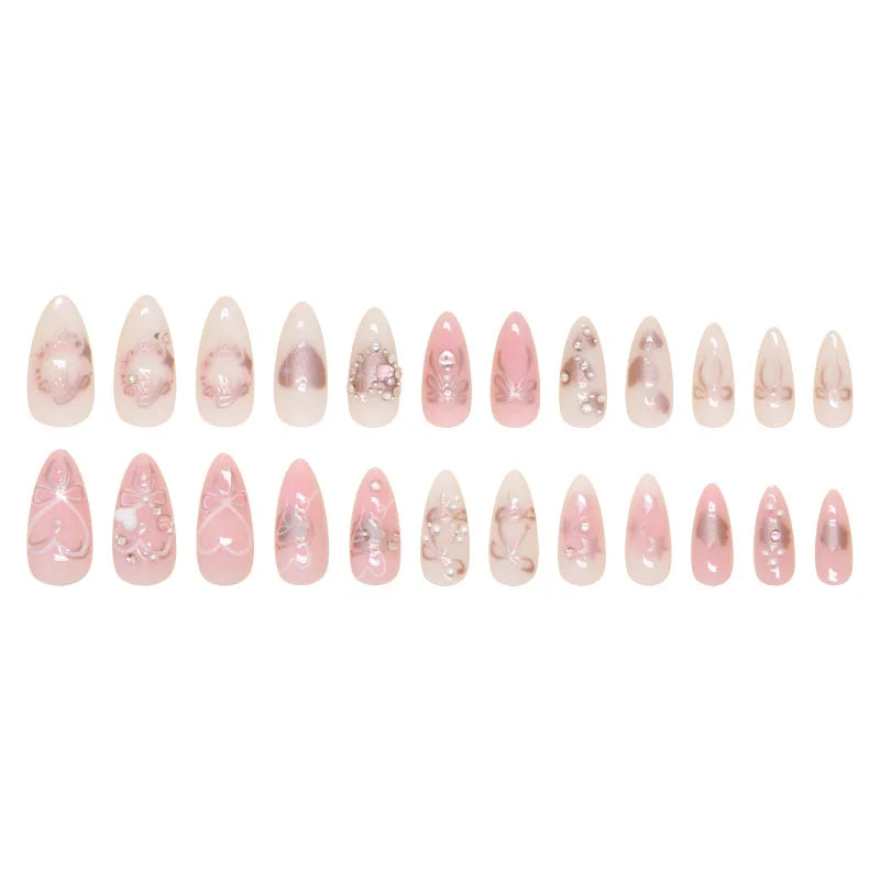 24pcs Sweet False Nail Patches Detachable Fake Nail Tips With Bowknots Love Heart Pearl Design Pink Almond Korean Press On Nail.