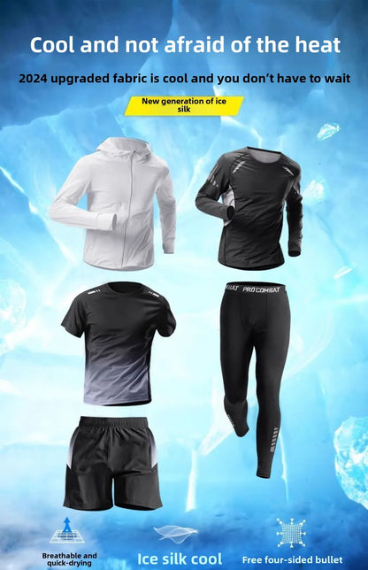 5pcs Men's Lightweight Summer Ice Silk Athletic Set Quick-Dry Running Clothes Outdoor Kit Cycling Fitness Men's Sportswear Set.
