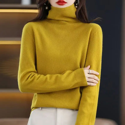 2025 100% Merino Wool Sweater Elegant Cashmere Pullover Women Pile Collar Long Sleeve Knitwear Basic Clothing  Jumper Tops
