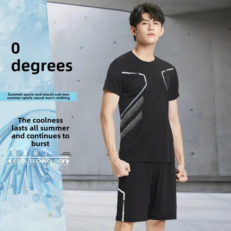 Men's Fitness Ice Silk Sports Suit Short Sleeve Training Room Basketball Morning Run Summer Outfit Shorts And T-shirt Set