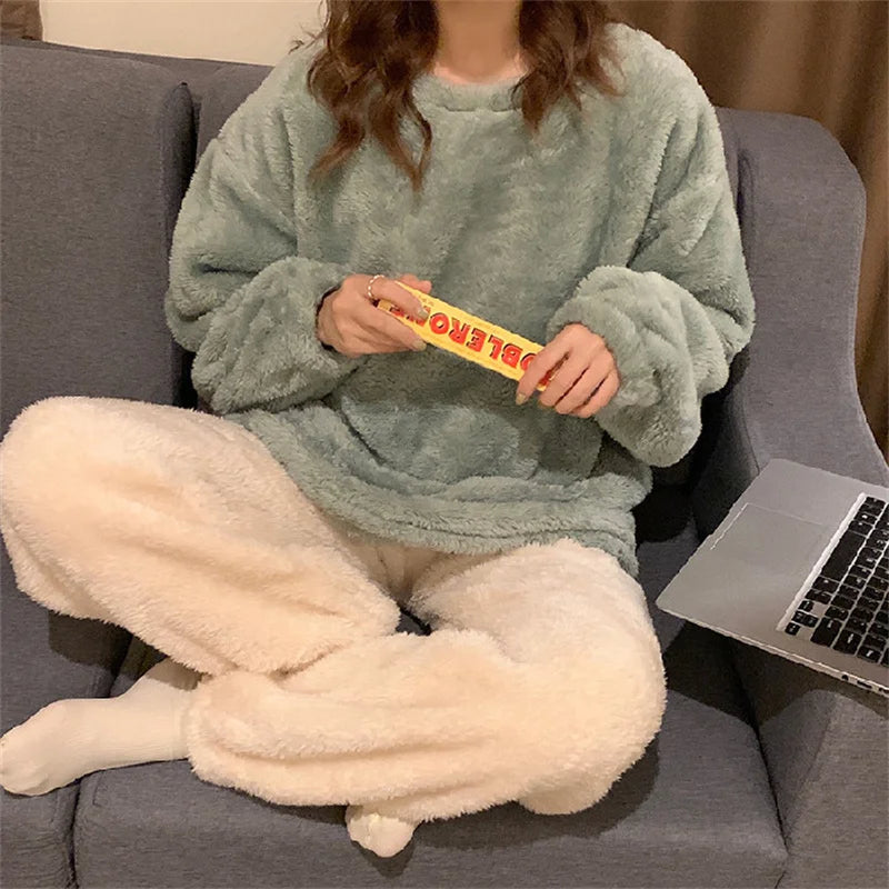 Winter Women Warm Fashion Pajama Sets Sweet   Elegant French Style Girlish Leisure Thicken Flannel Comfort Pajamas