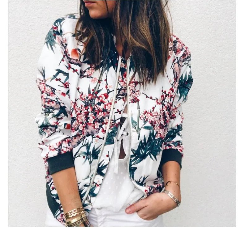 Women Elegant Zipper Bomber Jacket Spring Autumn Floral Printed Jackets Office Wear Slim Office Coat Retro Outwear.