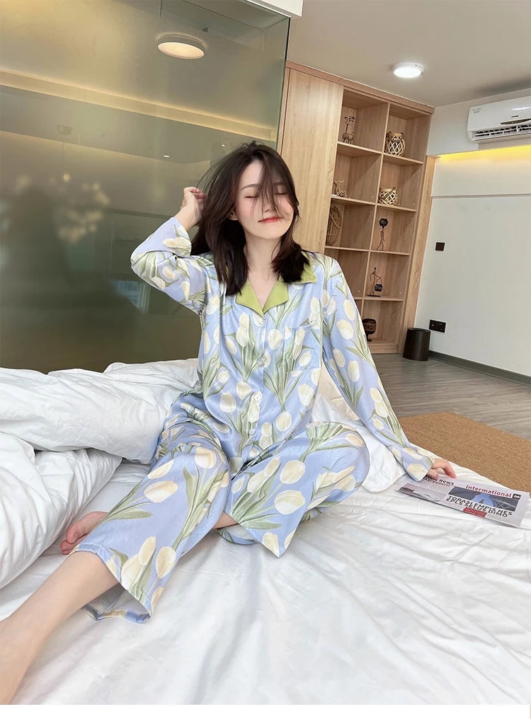 2023 frühling Herbst Neue Eis Seide 2 Stück Pyjamas für Frauen Mode Strickjacke frauen Pyjamas Süße Druck Loungewear Frauen set