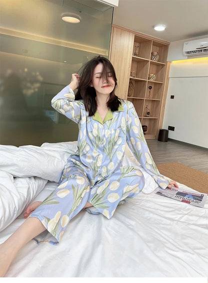 2023 frühling Herbst Neue Eis Seide 2 Stück Pyjamas für Frauen Mode Strickjacke frauen Pyjamas Süße Druck Loungewear Frauen set