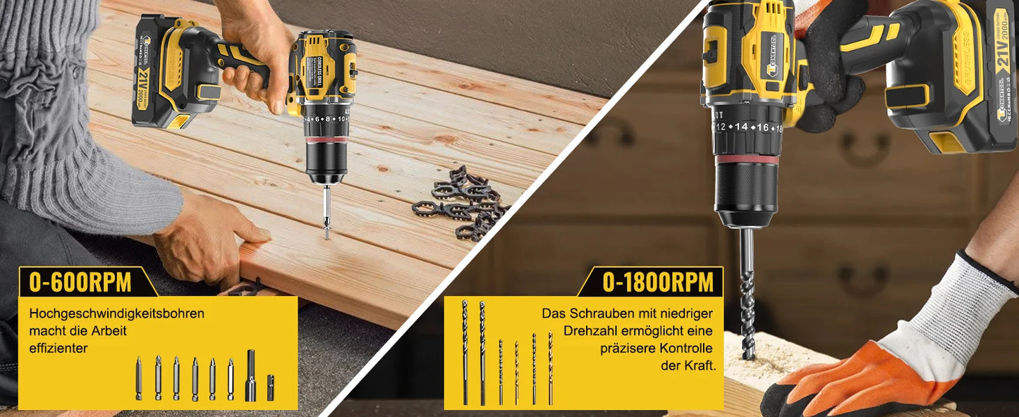 CONENTOOL 28+3 Drehmoment Elektrischer Bohrschrauber Bürstenloser kabelloser Akku-Bohrschrauber 2 Batterien Multifunktionales 27-teiliges Set