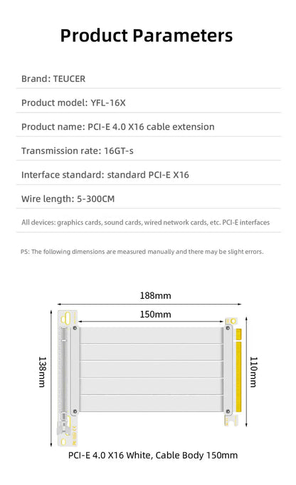 TEUCER PCI-E 4.0 X16 Riser Cable Video Card Extension Shielded Flexible 90° Mounting GPU Extension Cord Black/White.