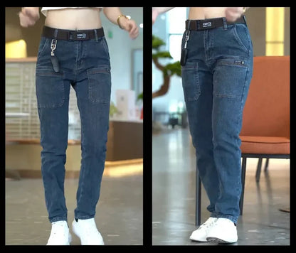 Men Cargo Pants Slim Stretch Jeans Multi Pocket Fashion Streetwear Designer Skinny Male Denim Trousers Brand Clothes Blue Black.