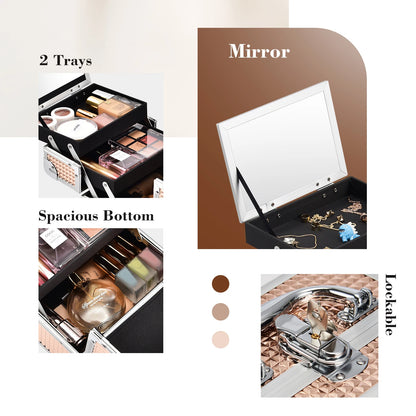 Makeup Case Portable Lock Alloy Unicorn Cosmetic Jewelry Nail Hair Accessories Storage Box with Mirror 2 Trays Make-up Suitcase.
