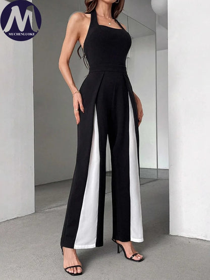 Jumpsuits for Woman Summer New Sexy Color Block Sleeveless Sling Jumpsuit Fashionable Slim Fit Backless Straight Leg Jumpsuit.