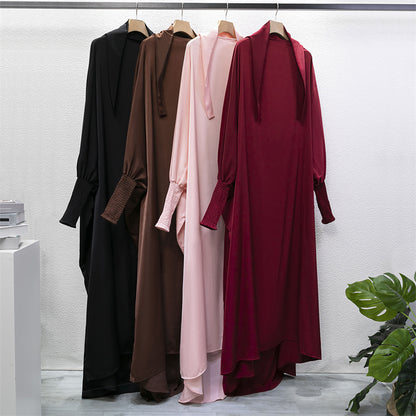 Muslimische Abaya mit Kapuze, Smockärmel, einteiliges Gebetskleid, Damen, Jilbab, islamische Kleidung, Dubai, Saudi-Arabien, schwarze Robe, türkische Bescheidenheit.