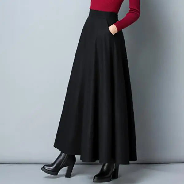 Autumn Winter Black Gray Large Size Woolen Long Skirt Women Fashion Korean Ladies Red High Waist Festival Pleated A-line Skirts.