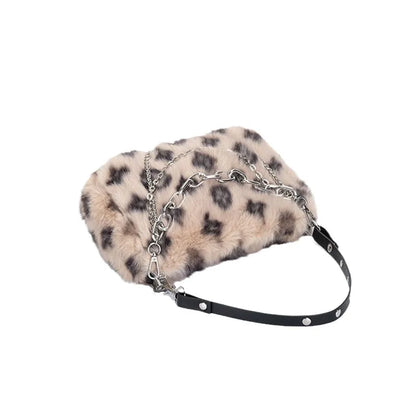 New Faux Fur Leopard Shoulder Bag Women's Autumn Winter Chain Handbags Ladies Leopard Print Clutch Purses Fluffy Top Handle Bags.