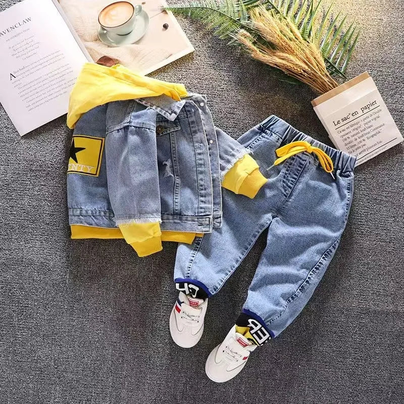 2024 Autumn Winter Boys Jean Set Jacket New Cowboy Jeans Suit Jacket Handsome Children Clothing.