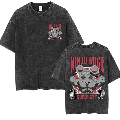 Japanese Anime Demon Slayer Uzui Tengen Vintage Washed T Shirts Funny Ninja Mice Muki Muki Gym Muscular Mouse Oversized T-shirt.